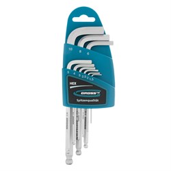 Набор ключей имбусовых HEX, 1.5-10 мм, S2, 9 шт, удлиненные с шаром, сатинированные Gross 16135