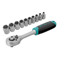 Набор торцевых головок, 1/4", головки 4 - 13 мм, с трещот. ключом, CrV,11 предметов Stels 14742