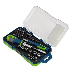 Отвертки реверсивные с набором бит и торцевыми головками, 41 шт, CrV Сибртех 15842