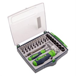 Отвертки реверсивные с набором бит, торцевых головок, 61 предмет, CrV Сибртех 15847