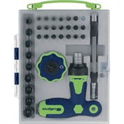 Отвертка Т-образная и трещотка, реверсивные с набором бит, торцевых головок, 34 предмета, CrV Сибртех 15848